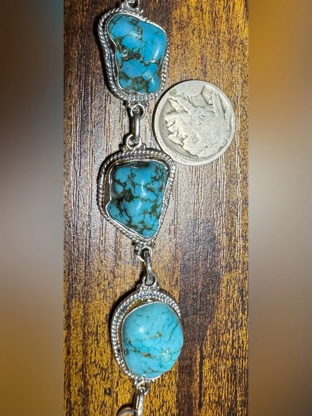 Blue Turquoise Cabachon Adjustable Bracelet Set In 925 Sterling Silver